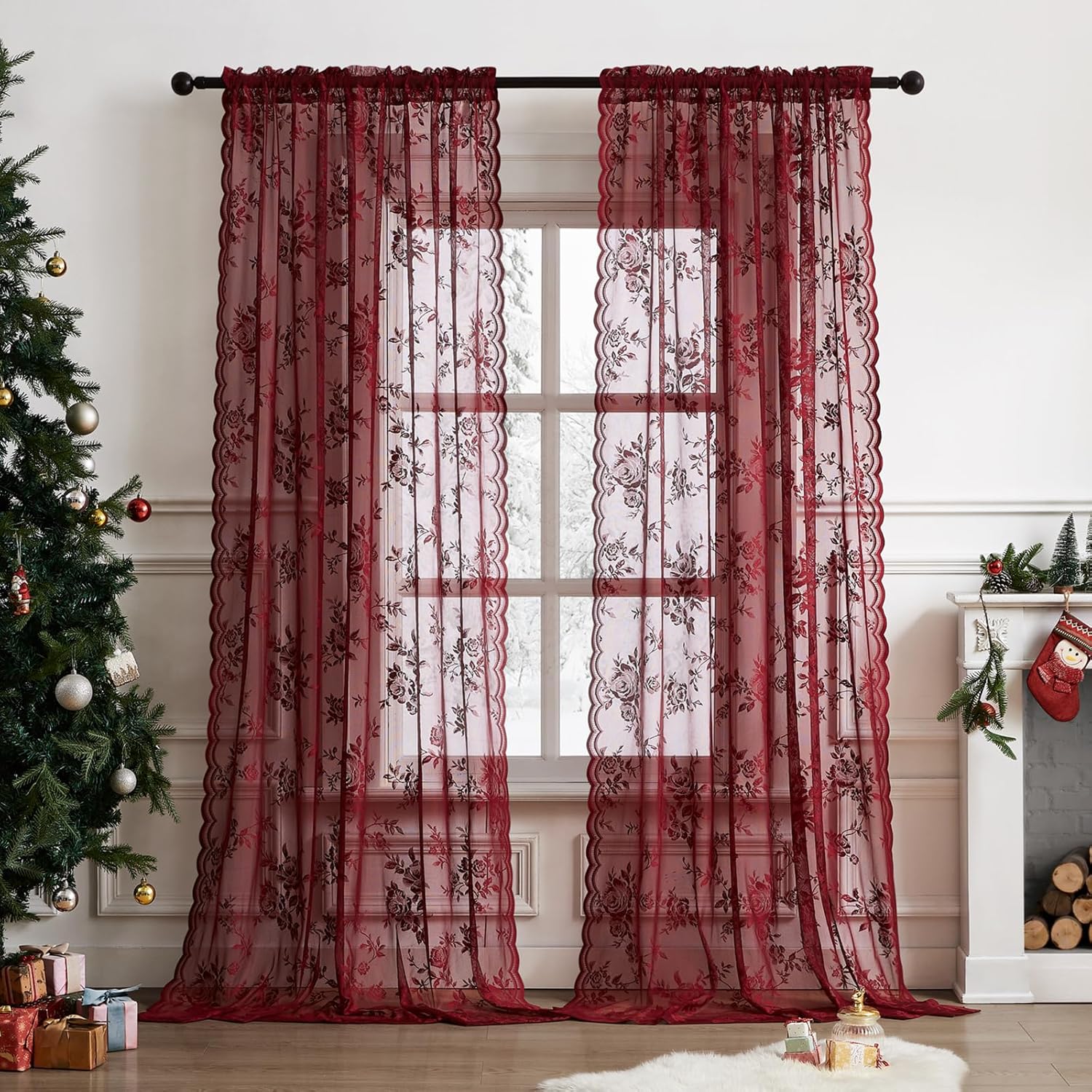 Curtain Rods - 1 Adet Bordo Dantel Perde 45